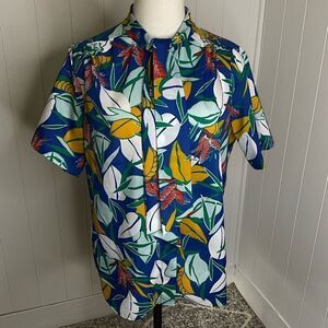 Vintage Paris Station Womens XL Tie Neck Button Front Blouse Blue Multicolor